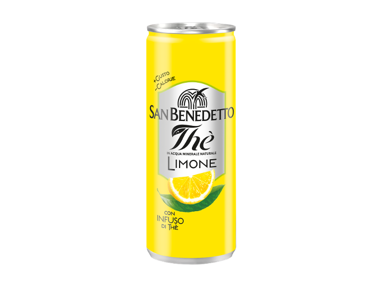 Lattina gialla di tè freddo al limone, con le scritte '+GUSTO -CALORIE' e 'CON INFUSO DI THÈ'.