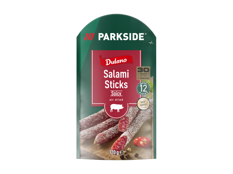 Confezione di bastoncini di salame piccanti essiccati all'aria, con circa 12 pezzi e 120 g.
