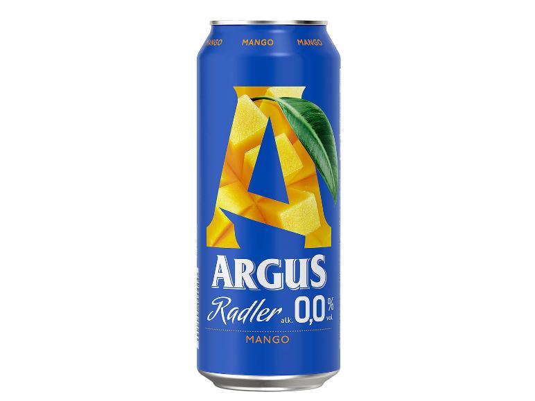 Lattina blu di bevanda analcolica al mango, con pezzi di mango e una foglia.