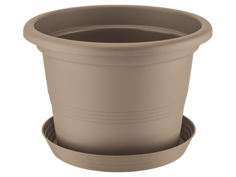 Vaso di plastica marrone con sottovaso, per piante da interno o esterno.