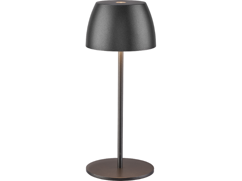 Lampada da tavolo con paralume e base neri opachi.