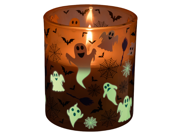 Candela di Halloween con fantasmi, pipistrelli e ragnatele che si illuminano al buio.