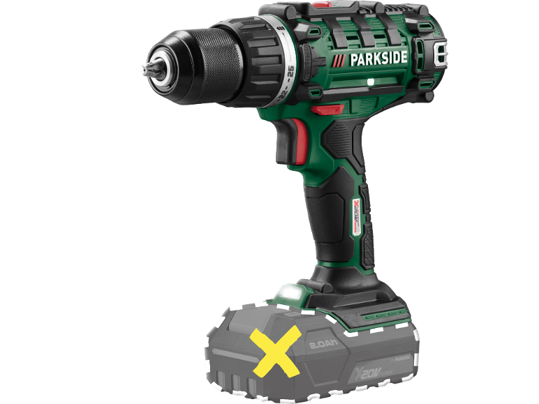 Trapano avvitatore a batteria verde e nero con batteria grigia.