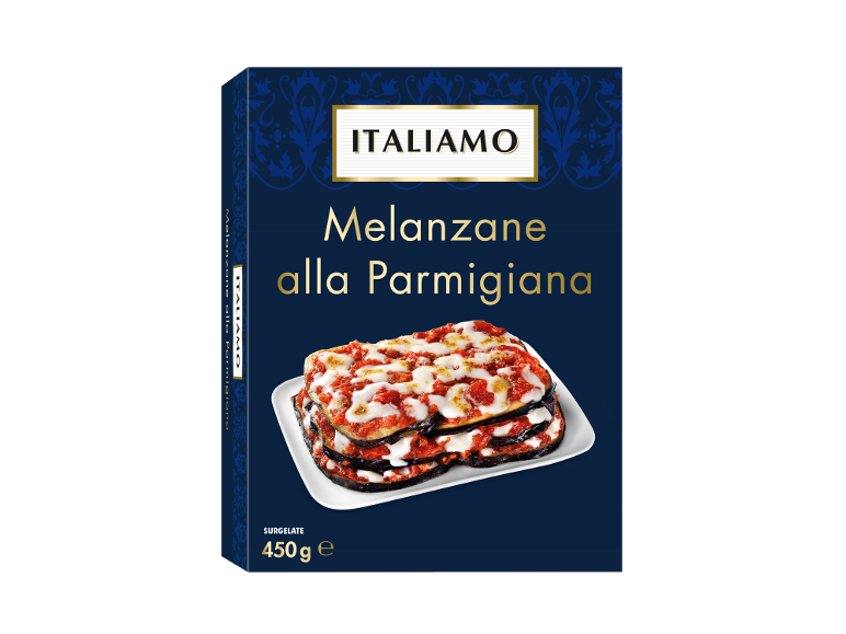 Scatola di melanzane alla parmigiana surgelate, con un'immagine del piatto preparato.