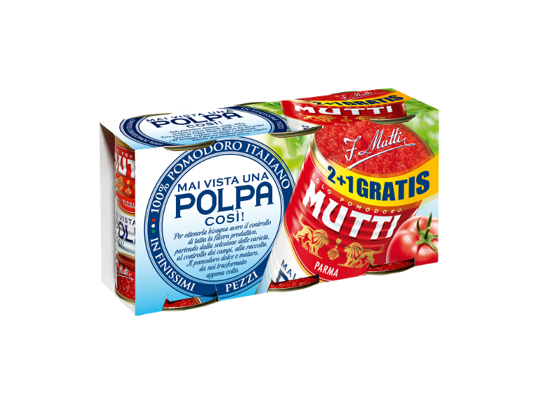 Confezione da quattro lattine di pomodori pelati con offerta 2+1 gratis.