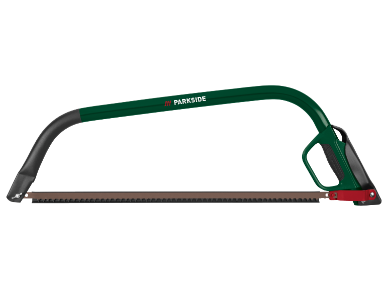 Seghetto ad arco verde e nero con lama marrone e impugnatura rossa.