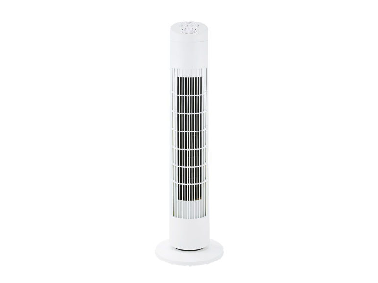Ventilatore a torre bianco con controlli digitali sulla parte superiore.