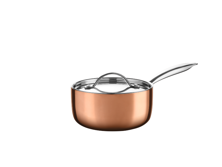 Pentolino in rame con coperchio metallico e manico in acciaio inossidabile.
