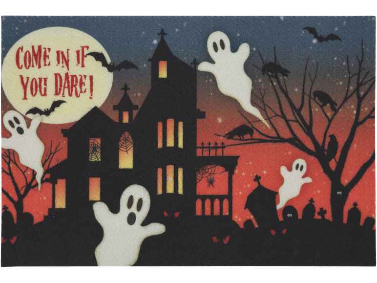 Decorazione di Halloween con casa stregata, fantasmi e la scritta 'COME IN IF YOU DARE!'