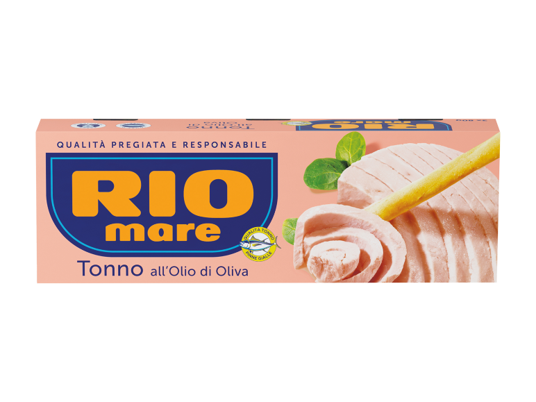 Scatola di tonno all'olio d'oliva con il testo 'Qualità Pregiata e Responsabile'.
