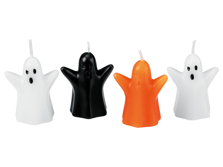 Candele a forma di fantasma di Halloween in bianco, nero e arancione.