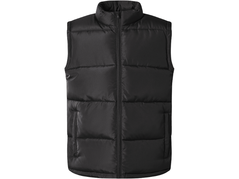 Gilet imbottito nero da uomo con cerniera frontale.