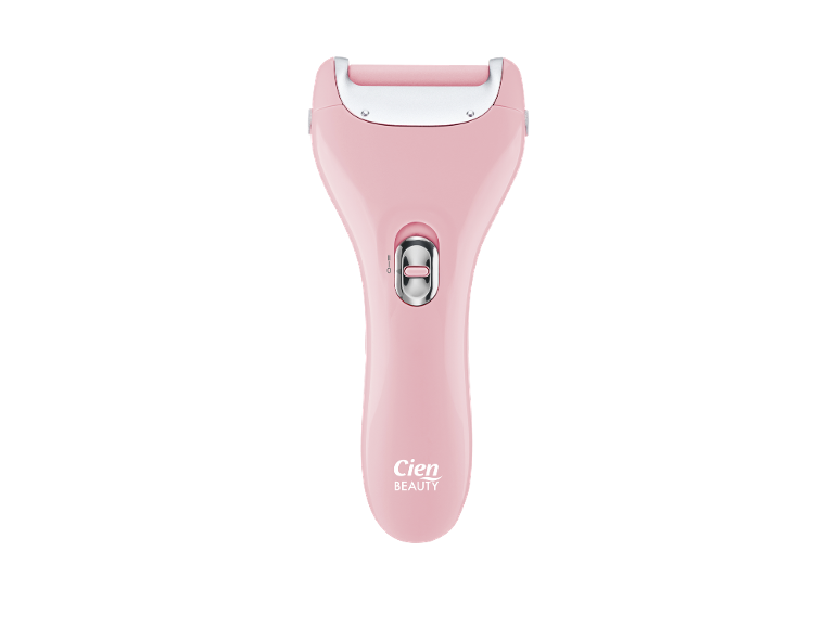 Rimuovi calli elettrico rosa con testina a rullo argentata e interruttore.