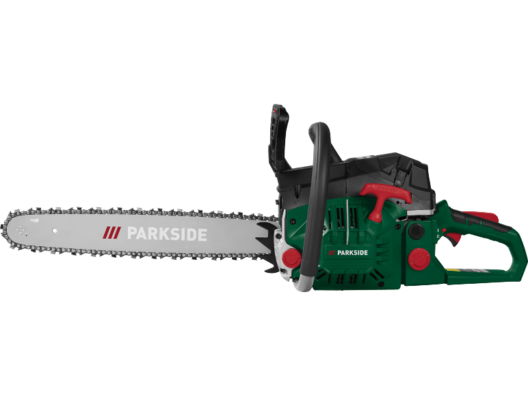 Motosega verde con accenti neri e rossi, con testo sulla barra