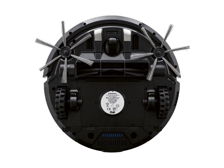 Parte inferiore di un robot aspirapolvere nero con spazzole laterali e ruote.