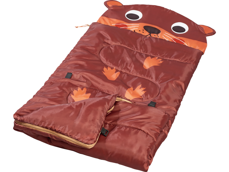 Sacco a pelo per bambini marrone con design a castoro e zampe arancioni.