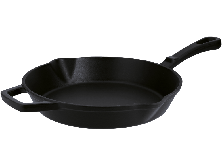 Padella in ghisa nera con manico corto e manico lungo.