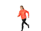 Donna che corre con giacca da running arancione e leggings neri.