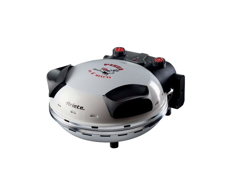 Forno pizza elettrico bianco con dettagli neri e rossi, con testo 'PIZZA IN 4 MINUTI'.