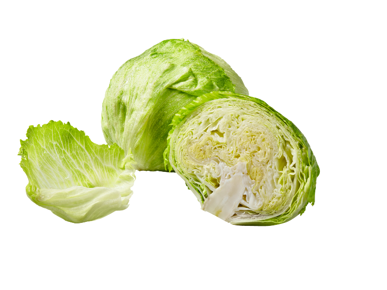 Lattuga iceberg fresca, una intera e una tagliata a metà, con una foglia accanto.