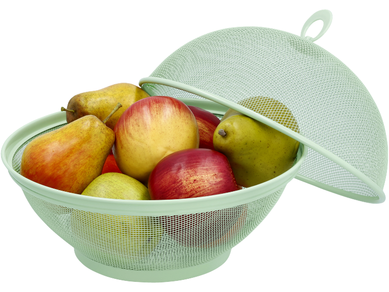 Cesto di frutta a rete verde con mele e pere, con coperchio.