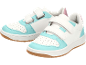 Sneakers per bambini con strappi, bianche con dettagli turchesi e suola marrone.