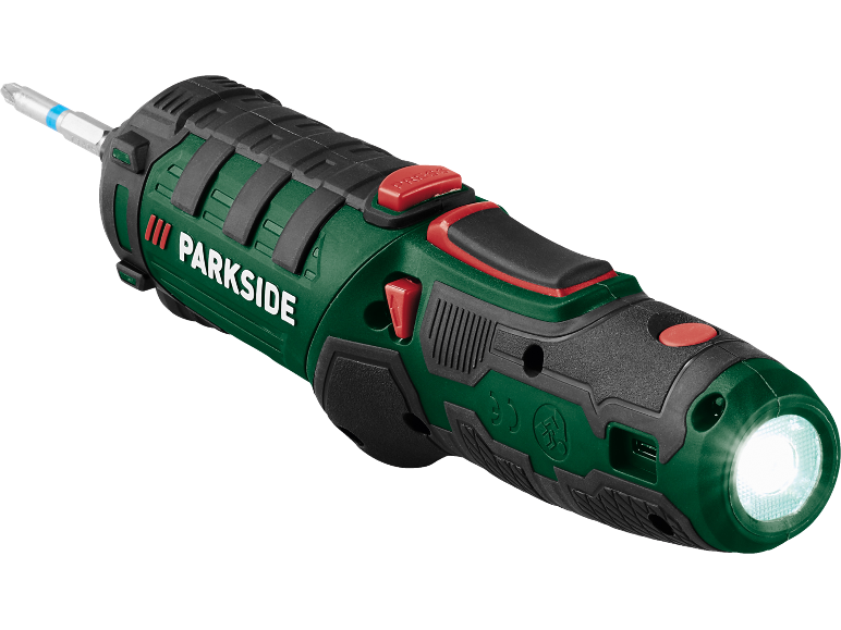 Avvitatore elettrico verde e nero con luce LED e punta, con pulsanti rossi.