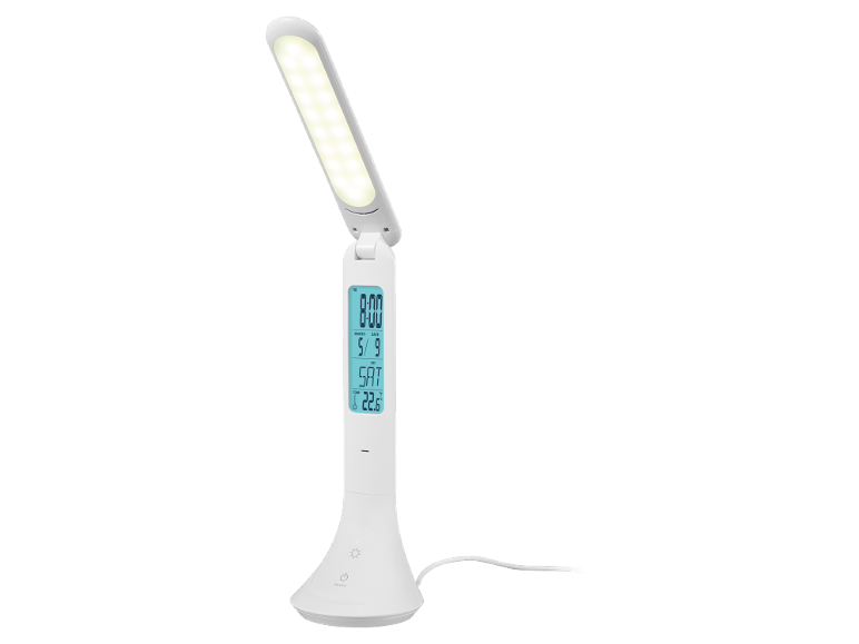 Lampada da scrivania LED bianca con display digitale che mostra ora, data e temperatura.