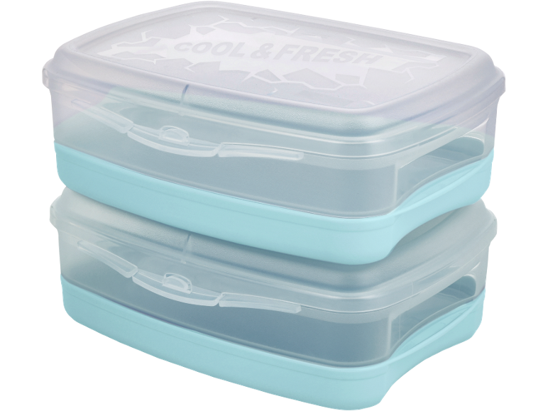 Due contenitori impilabili in plastica azzurra e trasparente con la scritta 'COOL & FRESH'.