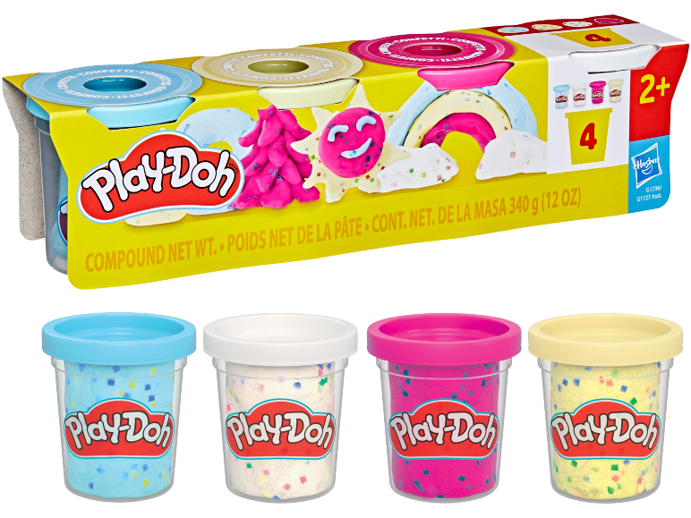 Confezione di pasta modellabile con quattro vasetti colorati e creazioni a tema confetti.