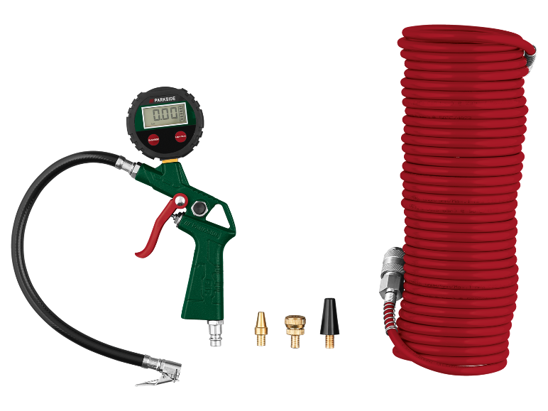 Kit gonfia pneumatici con manometro digitale, tubo dell'aria rosso e ugelli.