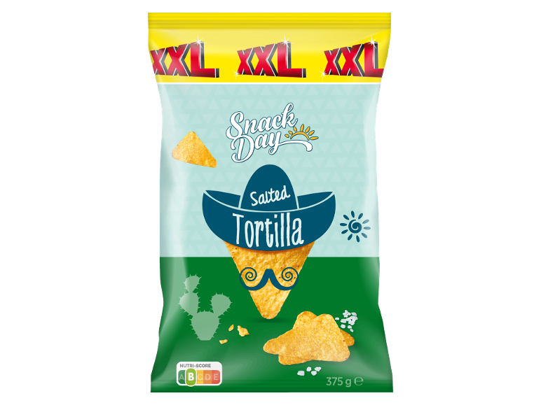 Busta XXL di tortilla chips salate con sombrero e baffi.
