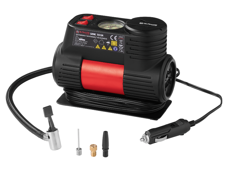 Compressore d'aria portatile con accessori, incluso un adattatore per auto da 12V.