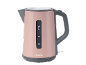 Bollitore elettrico rosa con indicatore del livello dell'acqua e dettagli grigi.