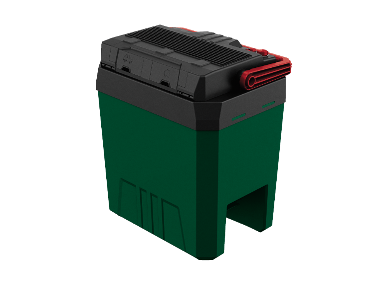 Contenitore esterno verde e nero con maniglia rossa, con icone di auto e casa.