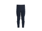 Leggings in denim blu scuro per bambini con cuciture arancioni.
