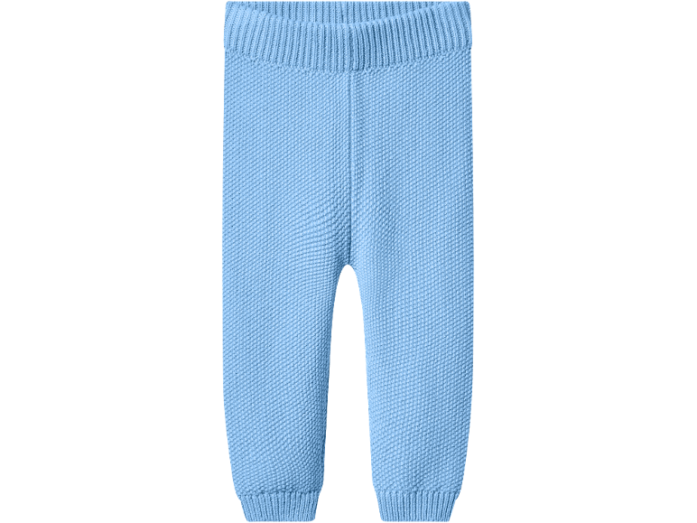 Pantaloni in maglia azzurri per neonati con vita e polsini a costine.