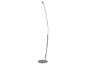 Lampada da terra moderna con palo curvo argentato e base rotonda.