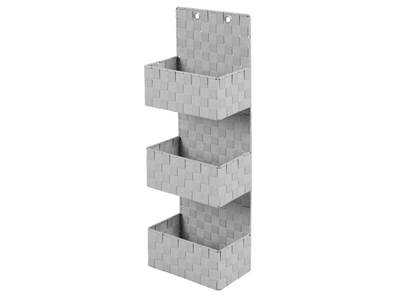 Organizzatore da parete con tre cesti intrecciati grigio chiaro.