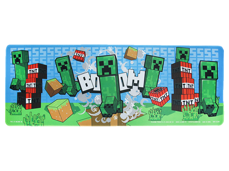 Tappetino per mouse a tema Minecraft con Creeper, blocchi TNT e testo 'BOOM!'.