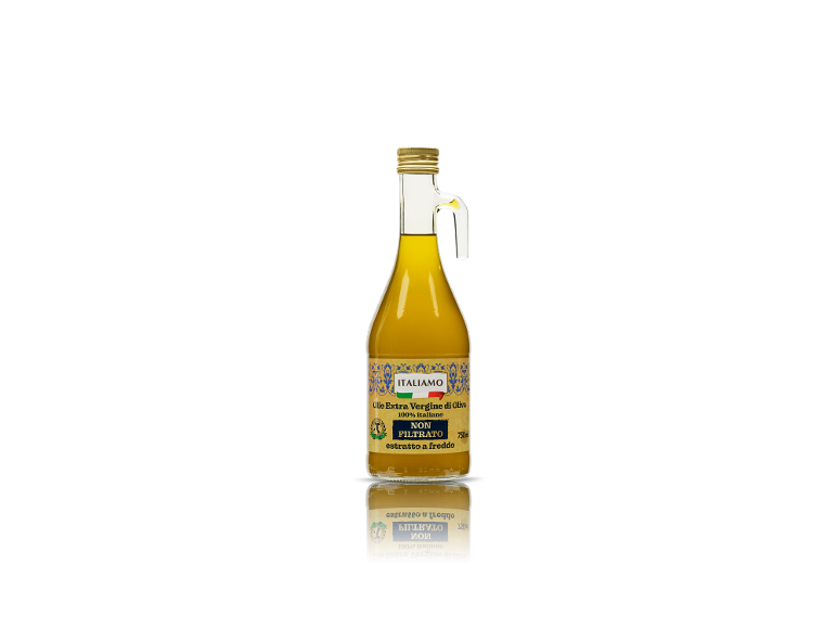 Bottiglia di olio extra vergine di oliva non filtrato, 100% italiano, estratto a freddo, 750 ml.