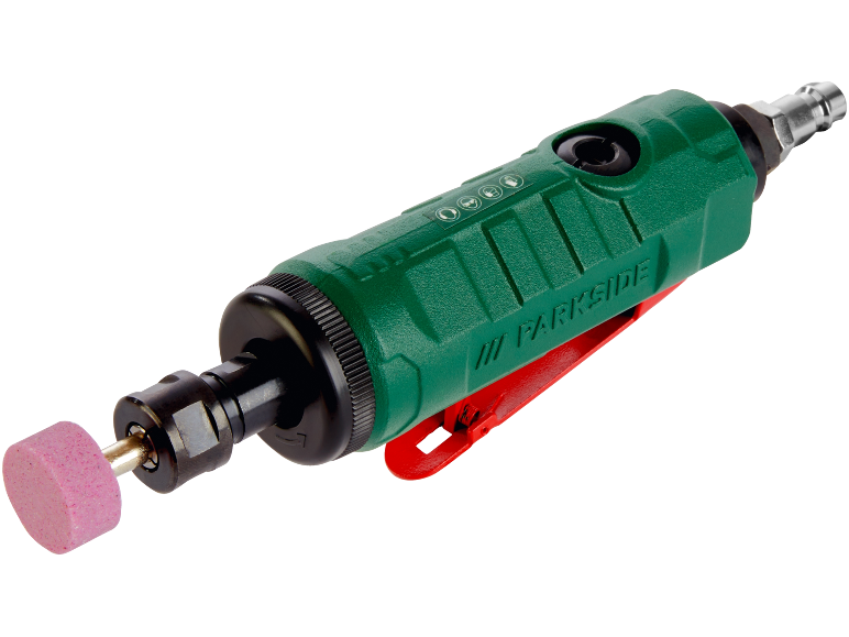 Utensile rotante pneumatico verde con mola rosa e grilletto rosso.