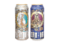 Due lattine di birra con illustrazioni in stile steampunk: una Session IPA e una Wheat Pale Ale.