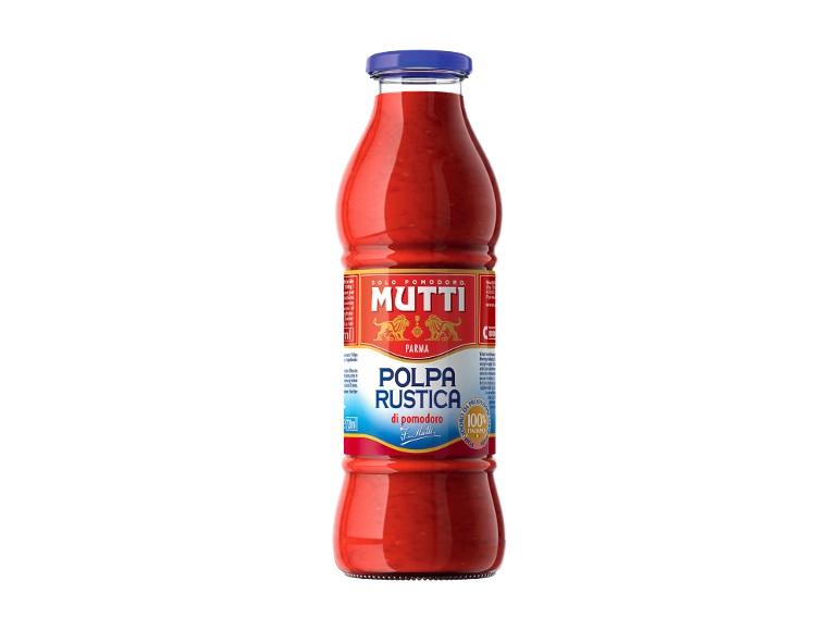 Bottiglia di polpa rustica di pomodoro con tappo blu ed etichetta 'Polpa Rustica di pomodoro'.