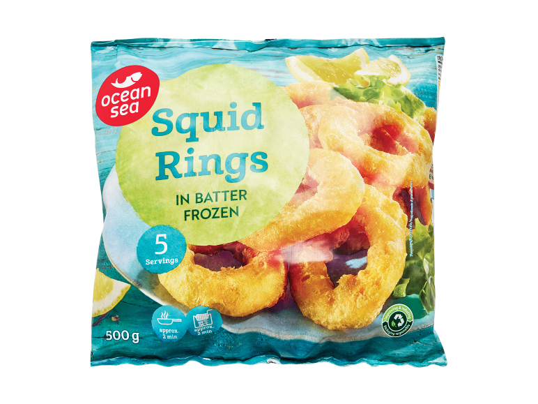 Anelli di calamari impanati surgelati, 5 porzioni, 500 g.