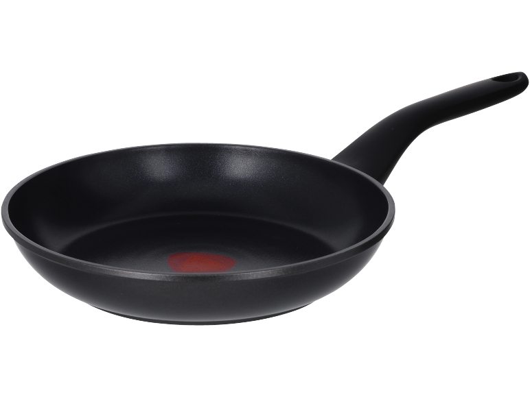 Padella antiaderente nera con manico, con indicatore di calore rosso al centro.
