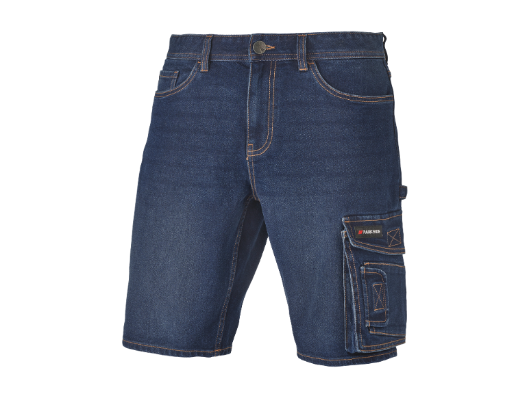 Pantaloncini in denim blu con tasche cargo e cuciture arancioni