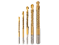 Cinque punte da trapano HSS dorate di varie dimensioni, da 3.0 a 8.0, su sfondo nero.