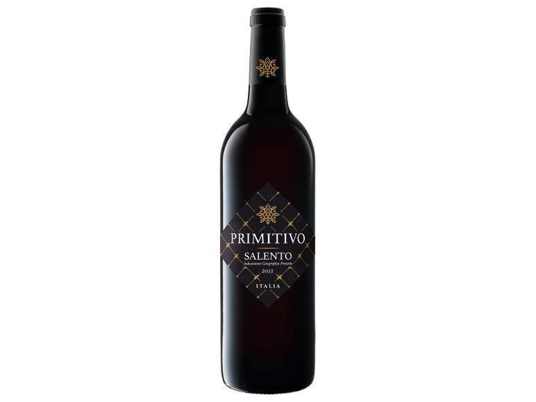 Bottiglia di vino rosso Primitivo Salento 2023 Italia con etichetta nera e oro.