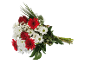 Mazzo di fiori con rose rosse, margherite bianche e gerbere rosse.